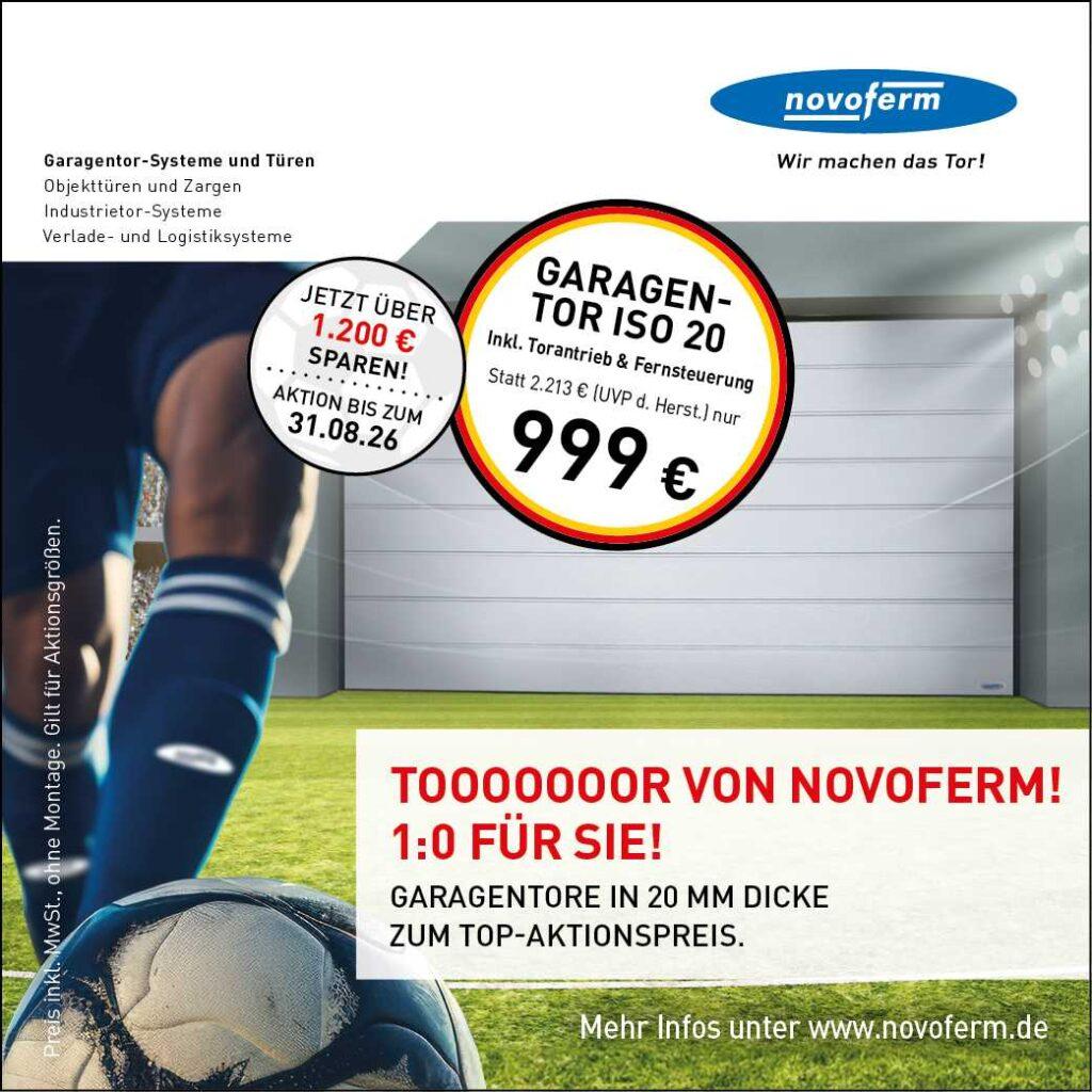 Werbeanzeige für Novoferm Garagentore mit offener Tür, Preis 999 €, Logo und Website www.novoferm.de.