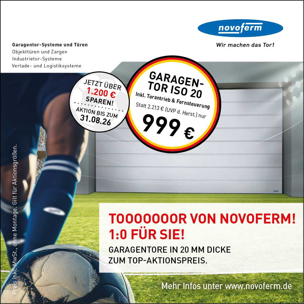 Werbeanzeige für Novoferm Garagentore mit offener Tür, Preis 999 €, Logo und Website www.novoferm.de.